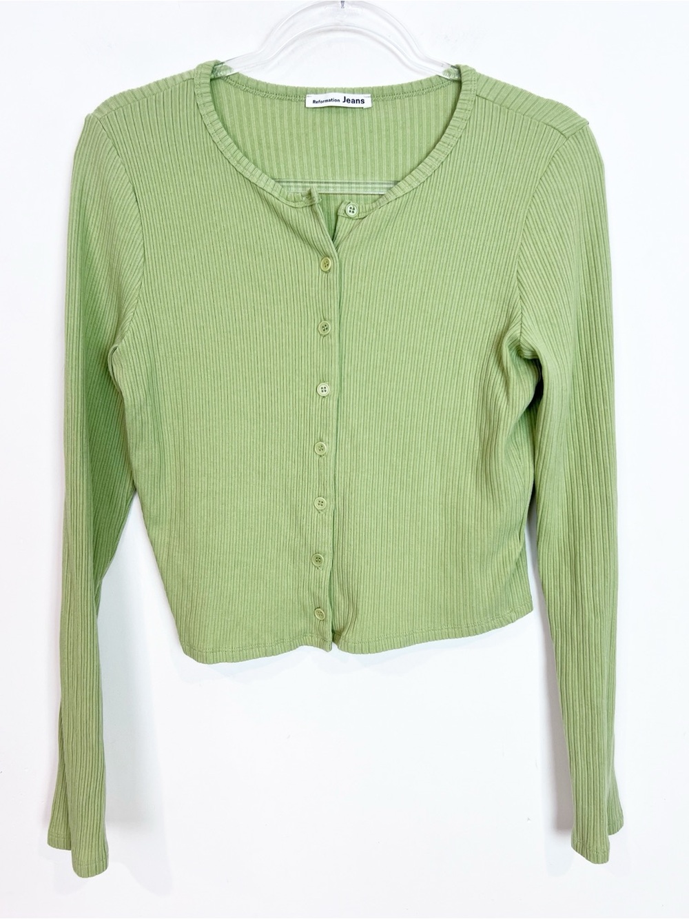 REFORMATION JEANS GREEN RIBBED BUTTON FRONT SHIRT WOMENS SZ XL - Picture 6 of 8